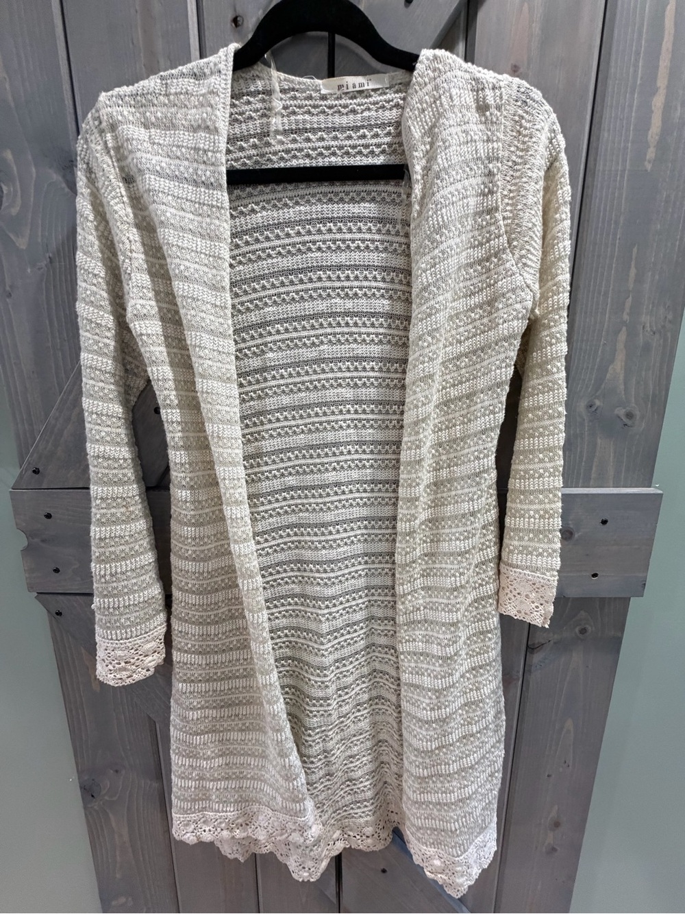 Miami Open Front Cotton Rayon Crochet Lace Trim Long Cardigan Beige Small